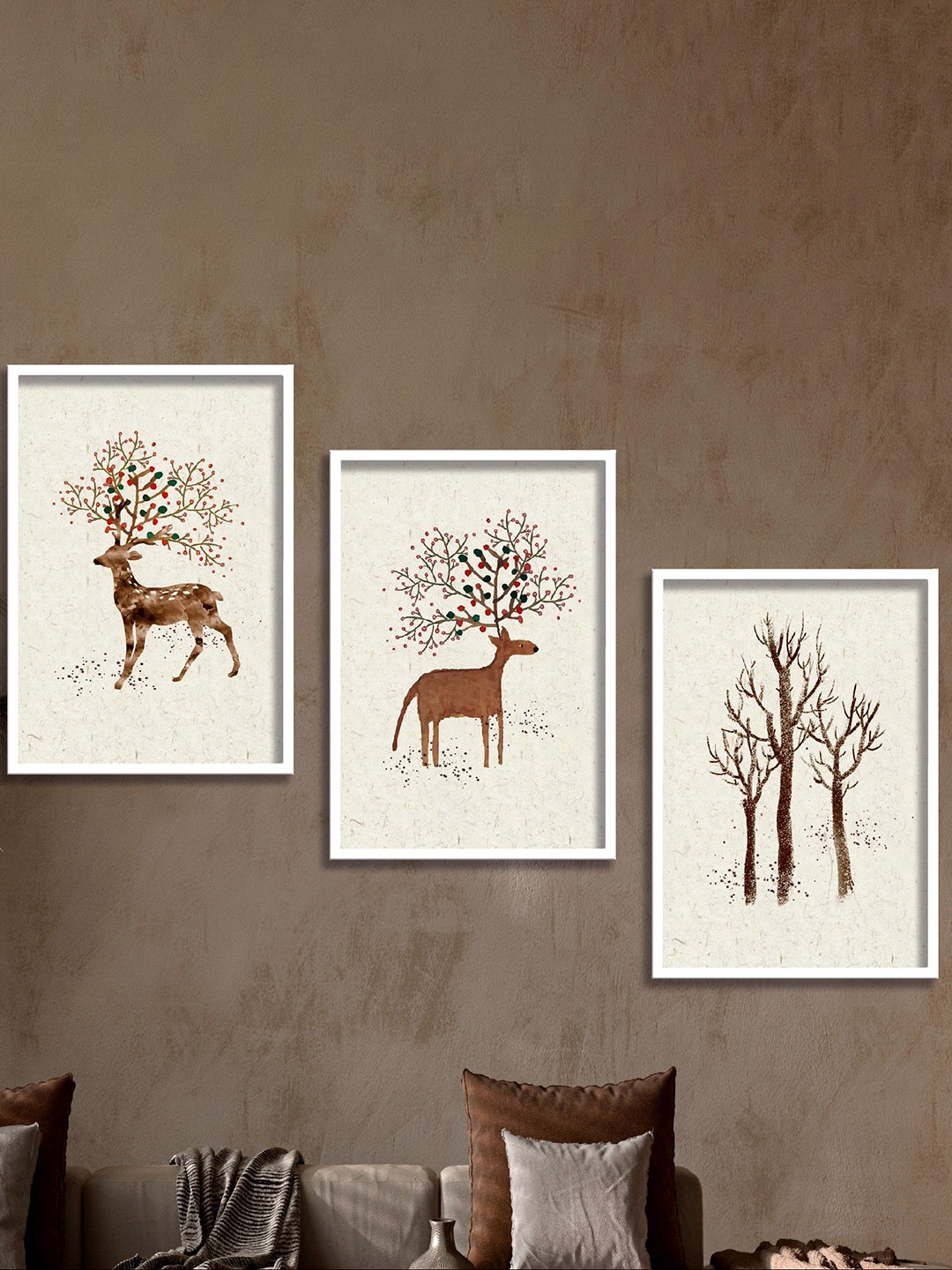 

SAF Off-white & Brown 3 Pieces Deer And Tree Printed High Definition Waterproof Wall Arts