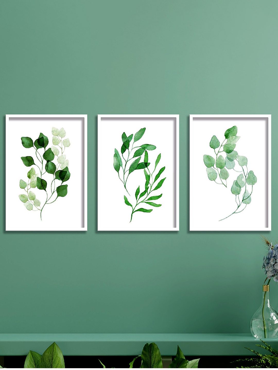 

SAF White & Green 3 Pieces Leaf printed Framed Wall Painting