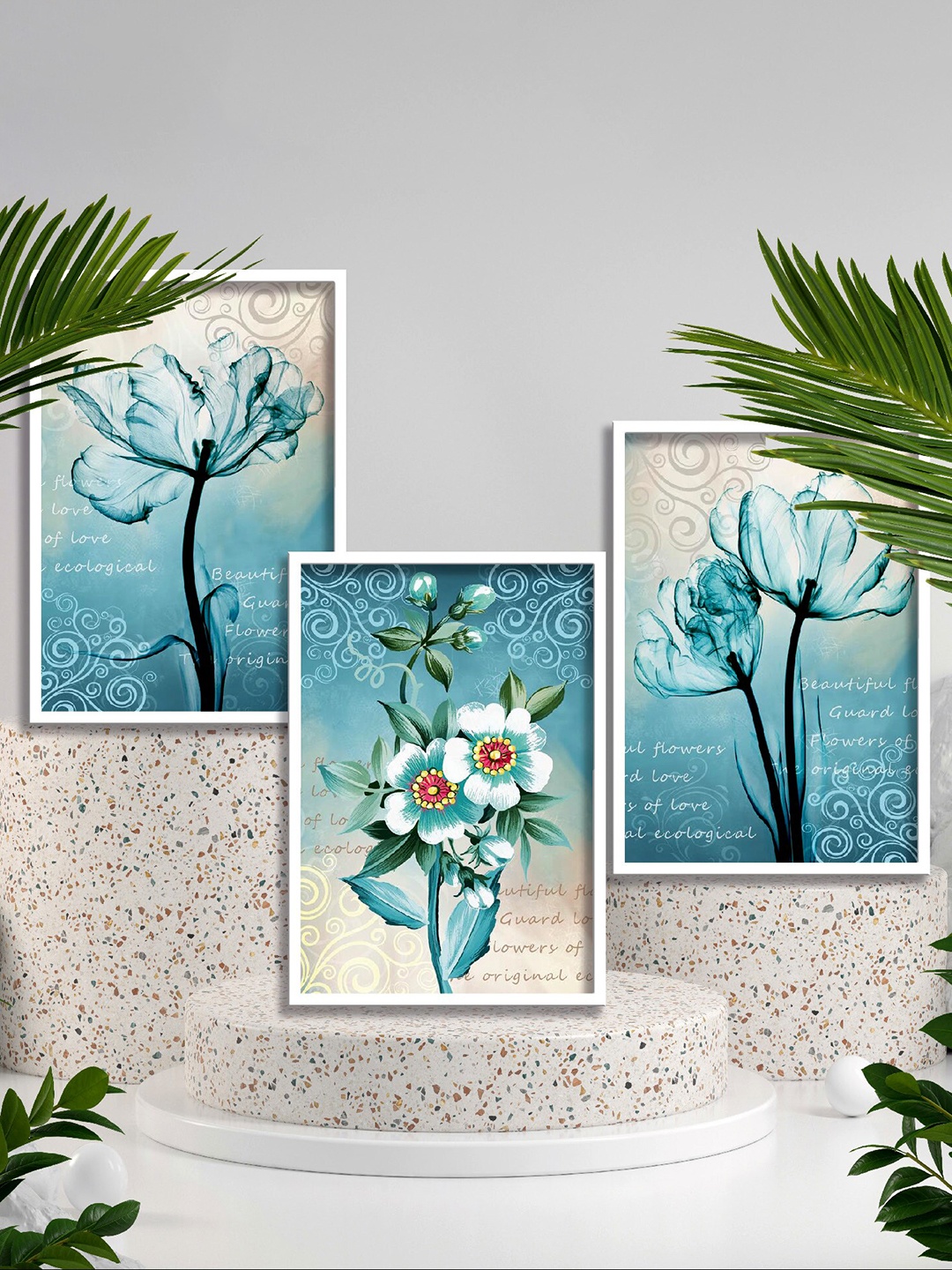 

SAF Blue & White 3 Pieces Flower Printed High Definition Waterproof Wall Art