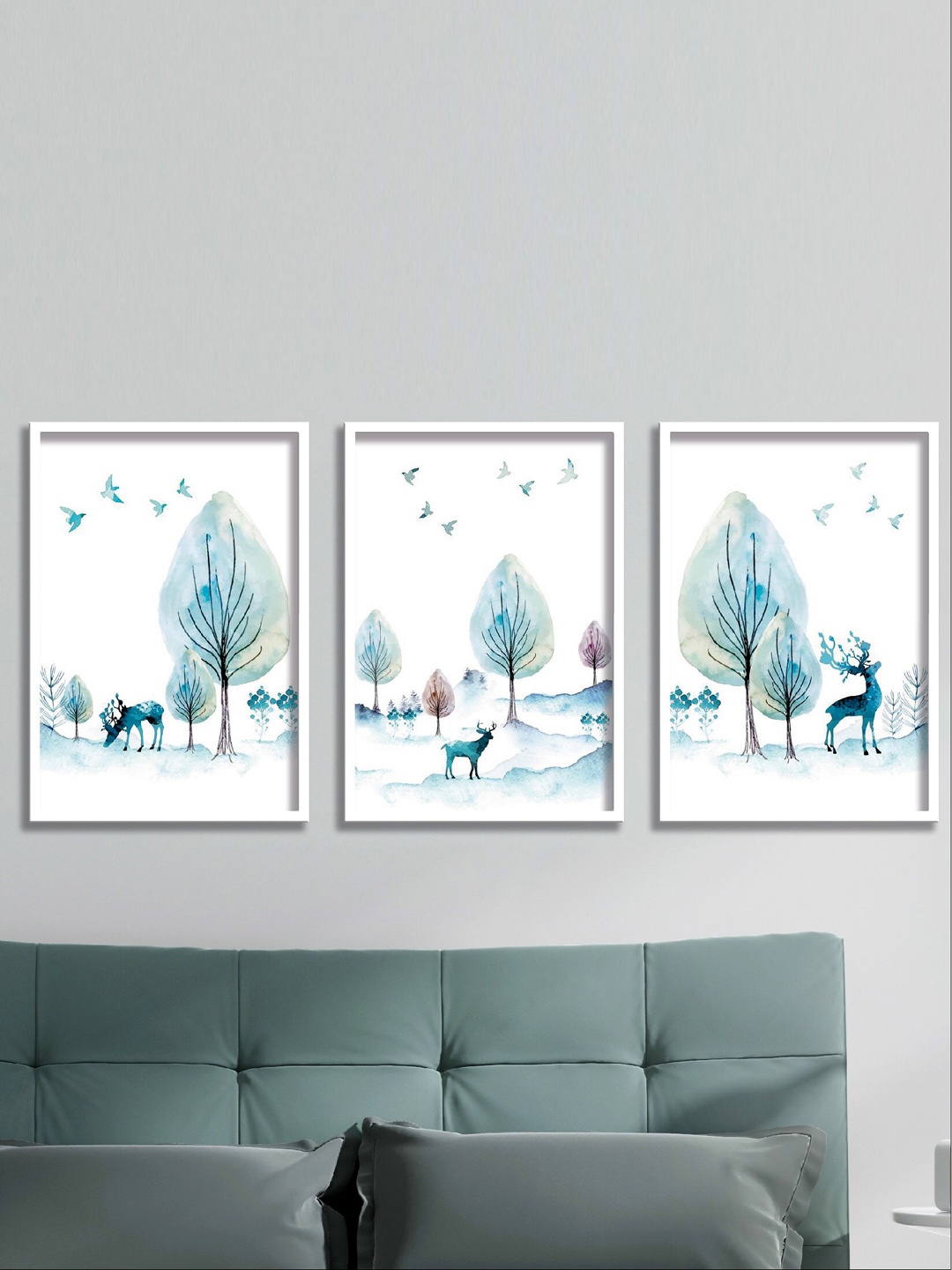 

SAF Blue & White 3 Pieces Deer And Tree Printed High Definition Waterproof Wall Art