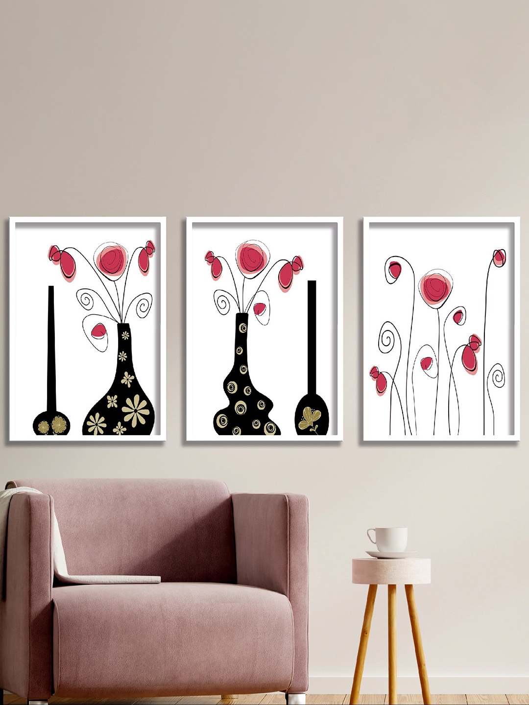 

SAF Red & Black 3 Pieces Flower Pot Printed High Definition Waterproof Wall Art