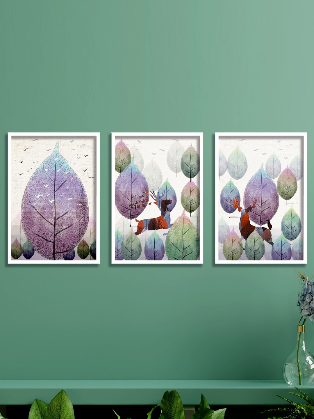 

SAF White & Purple 3 Pieces Leaves Painted Framed Wall Arts