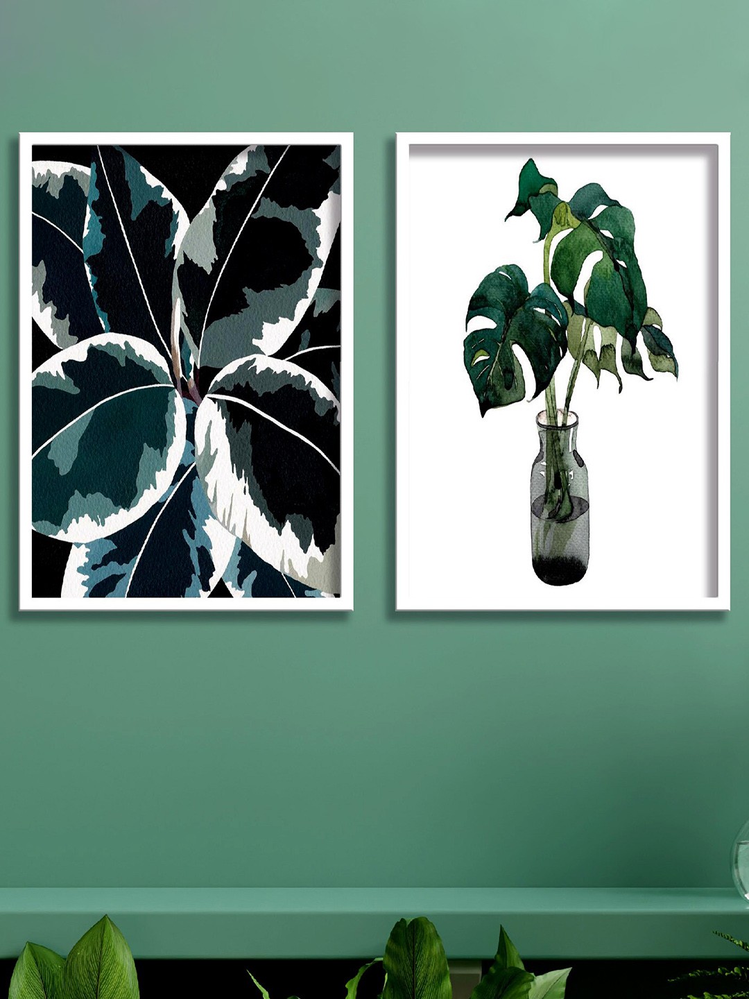 

SAF White & Green 2 Pieces Tropical Leaves Printed Framed Wall Art