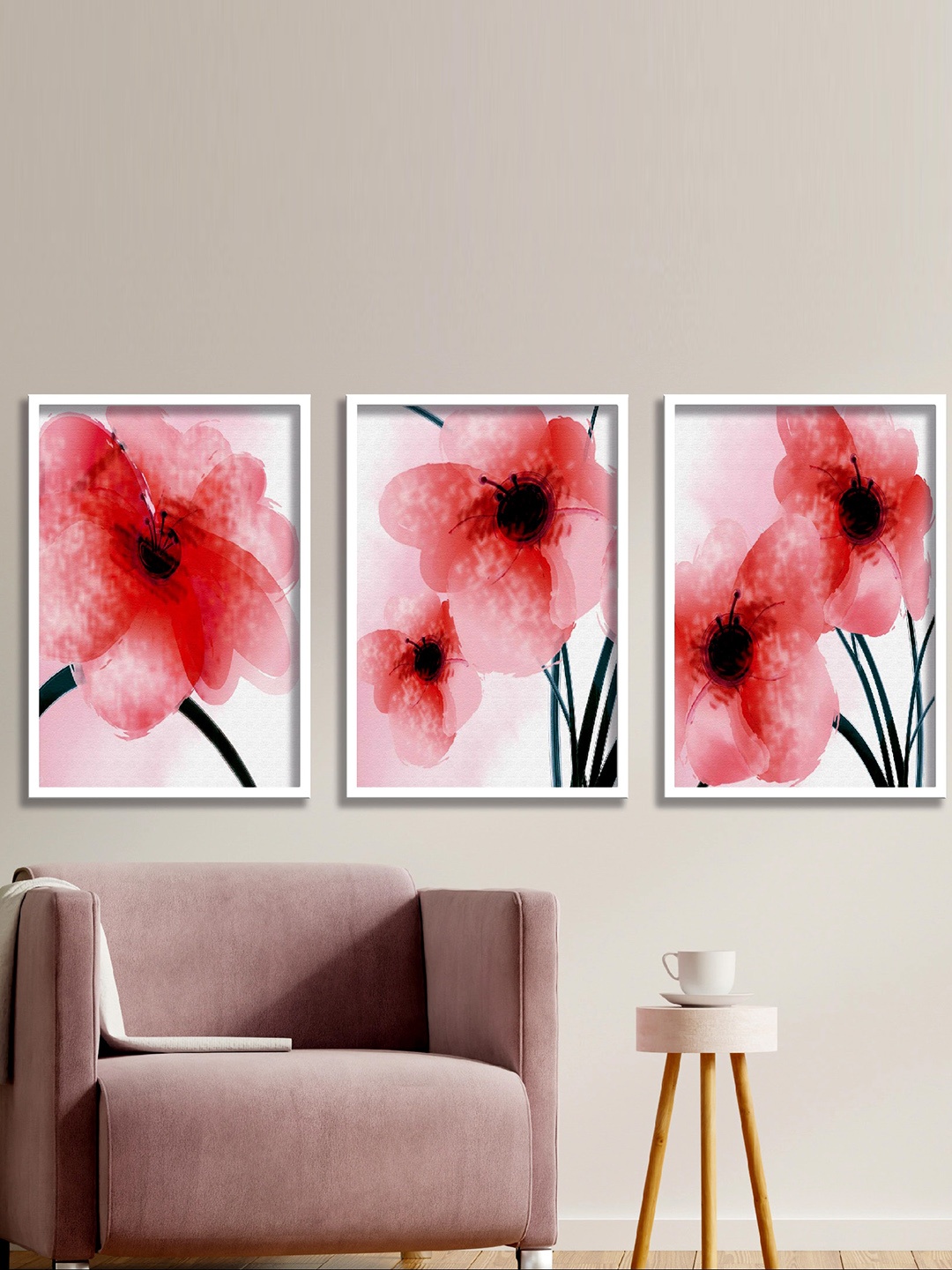 

SAF Pink & Black 3 Pieces Flower Printed High Definition Waterproof Wall Art