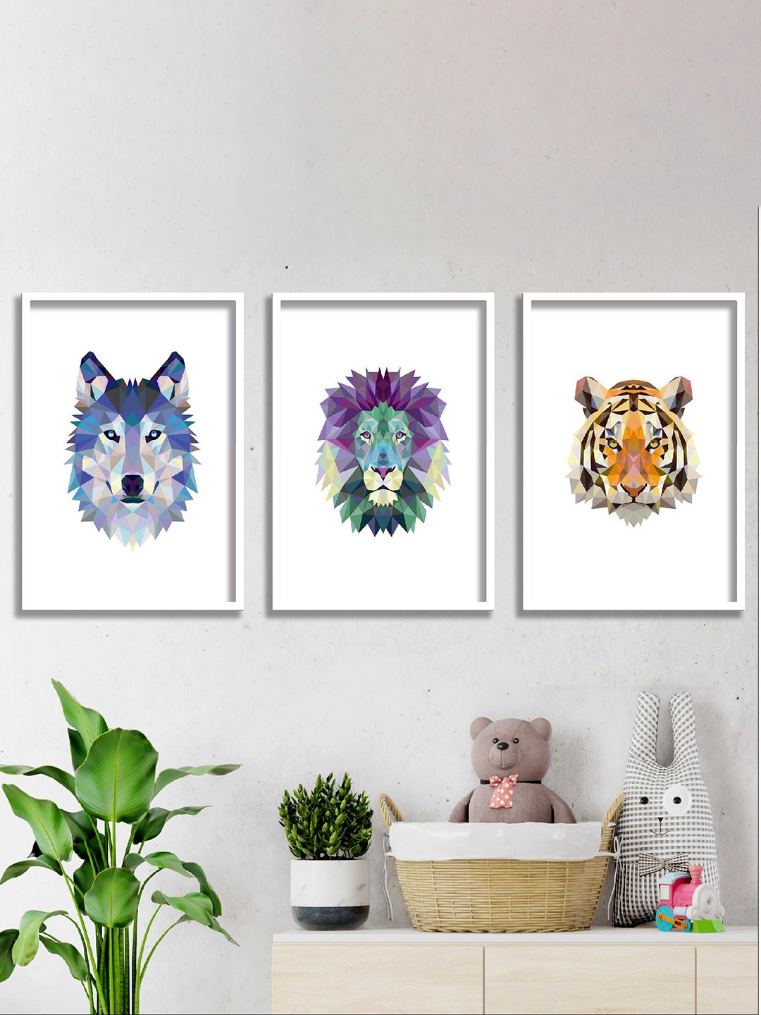 

SAF White & Blue 3 Pieces Wild Animal Painted Framed Wall Art