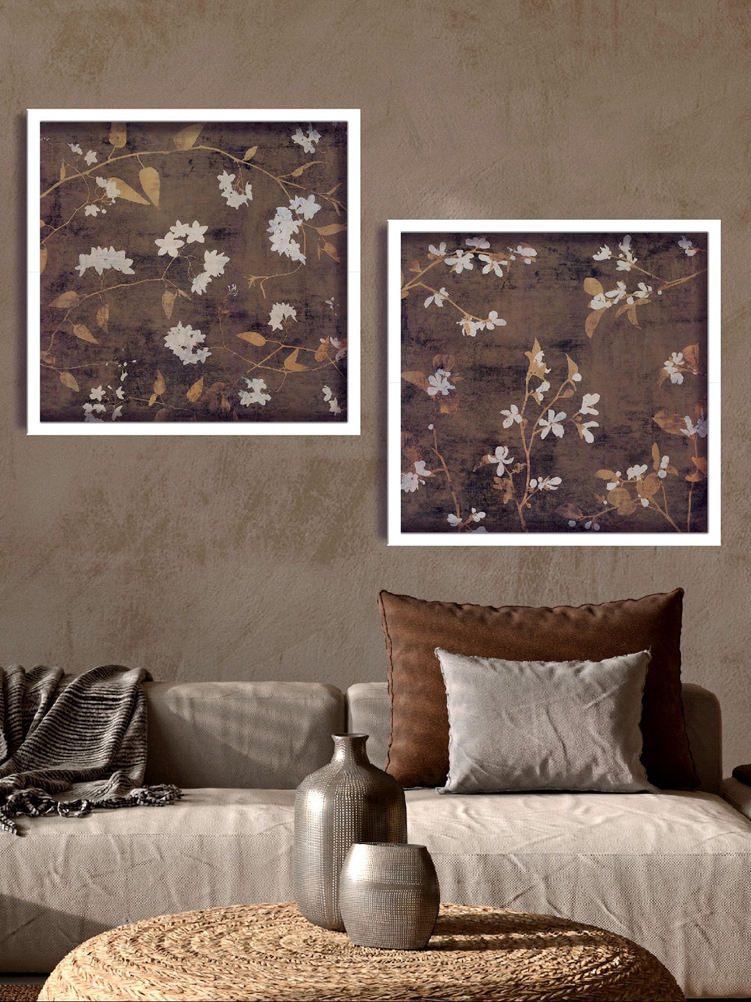 

SAF Brown & Off White 2 Pieces Floral Printed High Definition Waterproof Wall Art