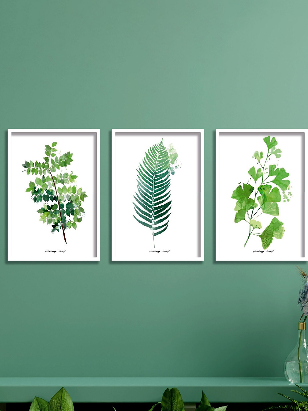 

SAF Green & White 3 Pieces Tropical Leaves Printed High Definition Waterproof Wall Art