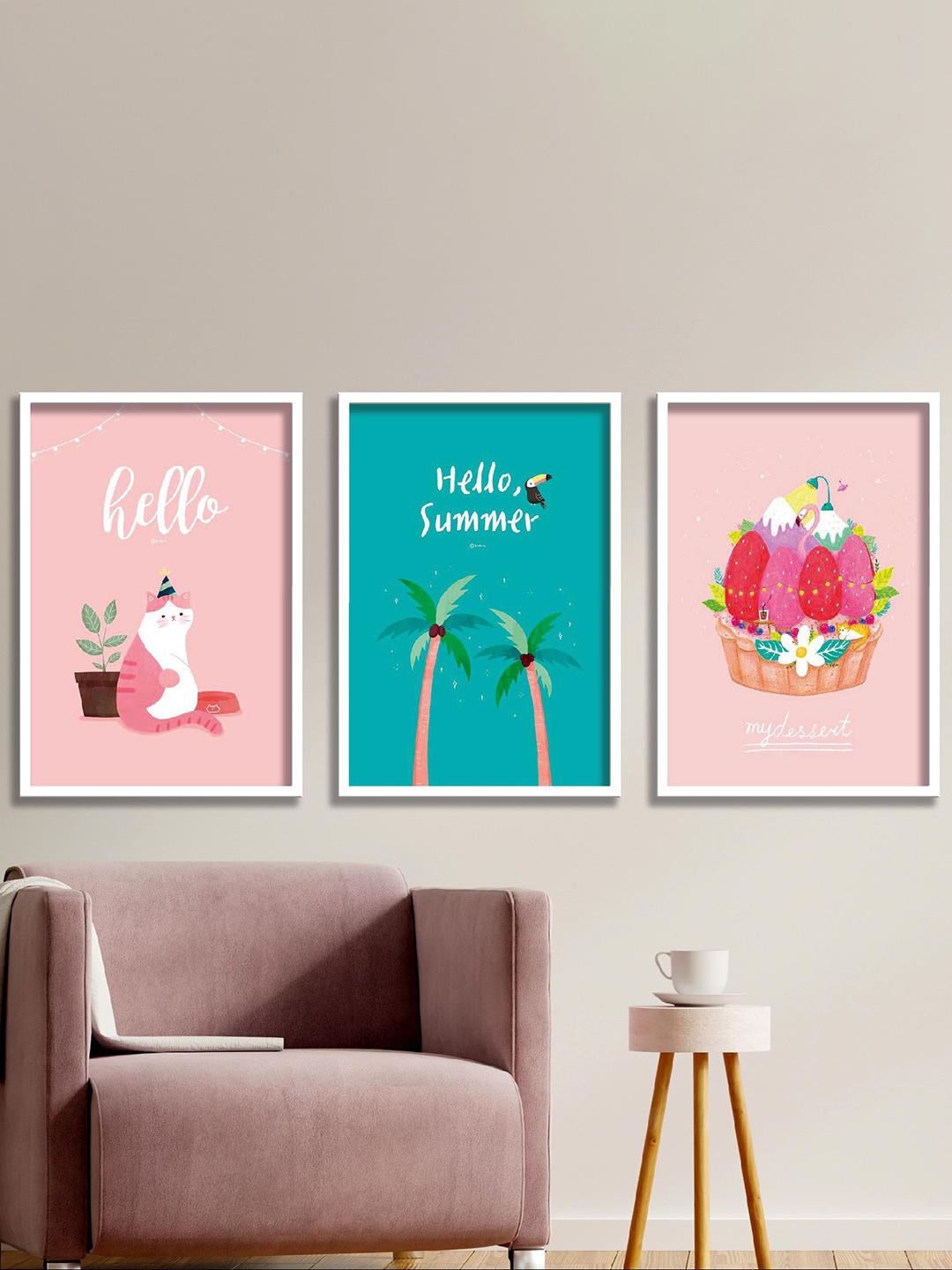 

SAF Green & Peach 3 Pieces Hello Summer High Definition Waterproof Wall Art