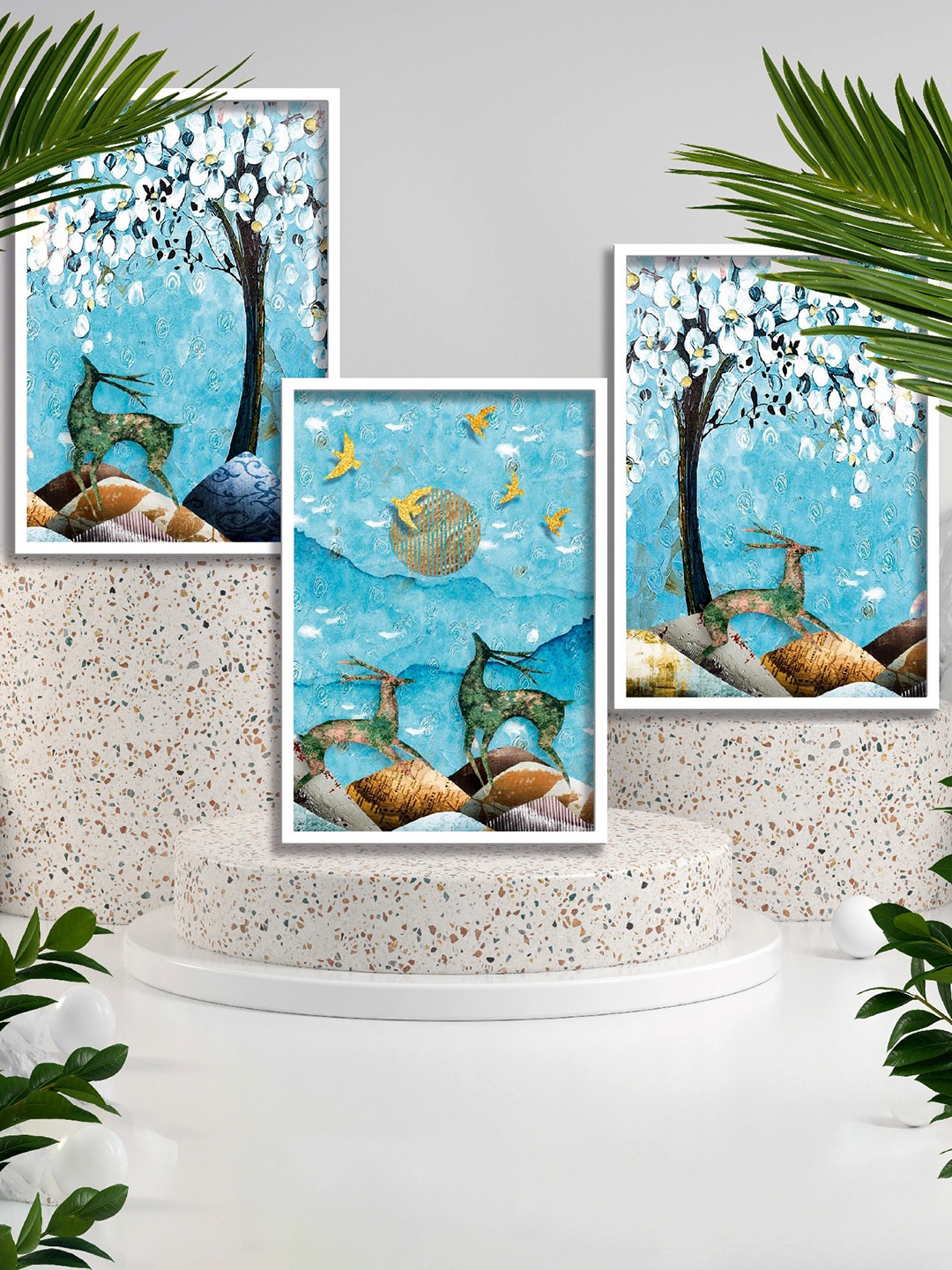 

SAF Blue & Green 3 Pieces Deer & Birds Printed High Definition Waterproof Wall Art