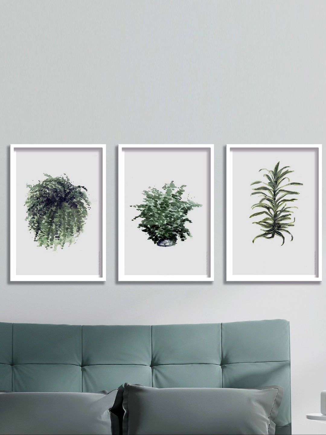 

SAF Green 3 Pieces Tropical Leaves Printed White Framed Wall Art