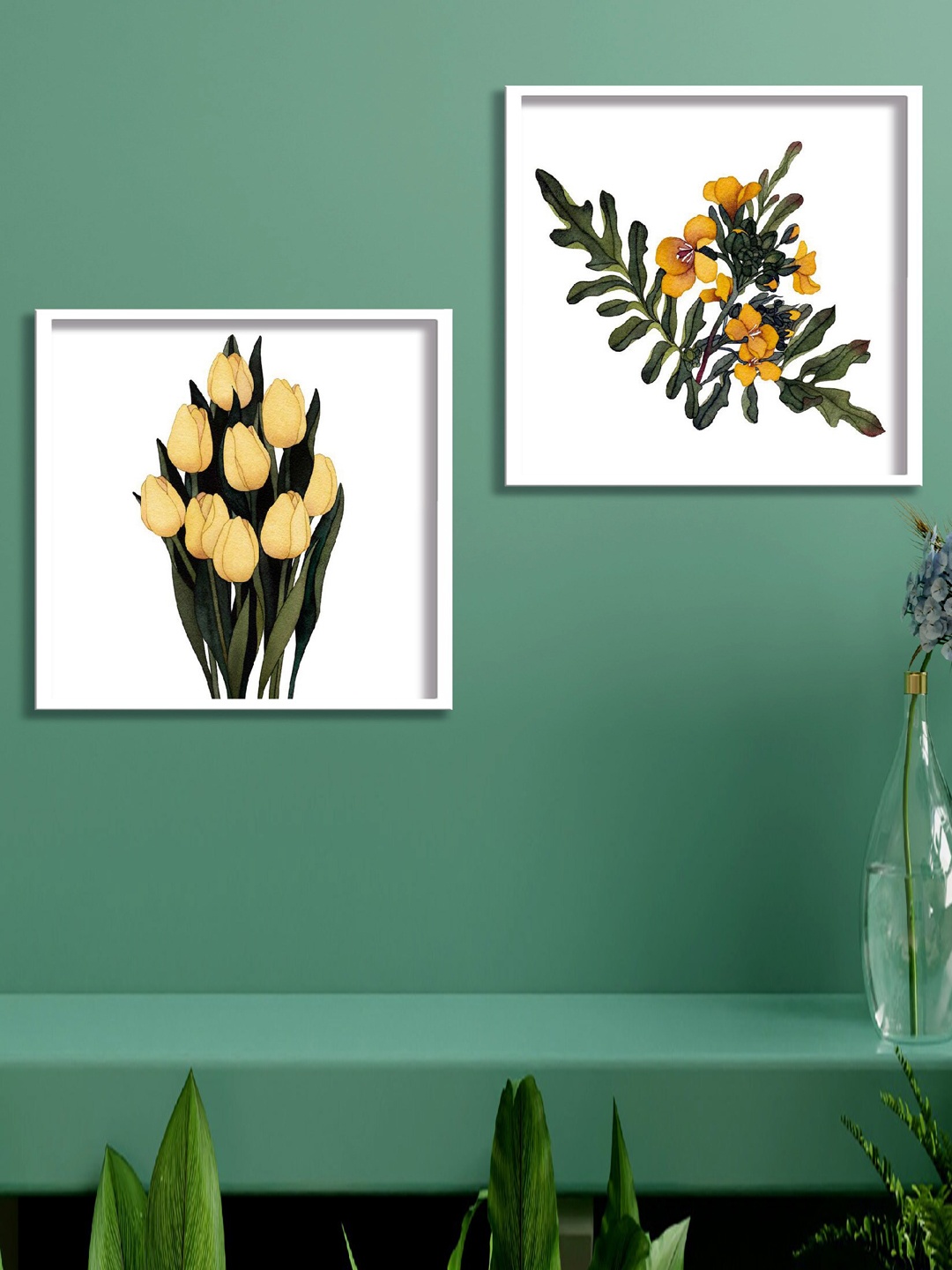 

SAF Green & Yellow 2 Pieces Flower Printed High Definition Waterproof Wall Art