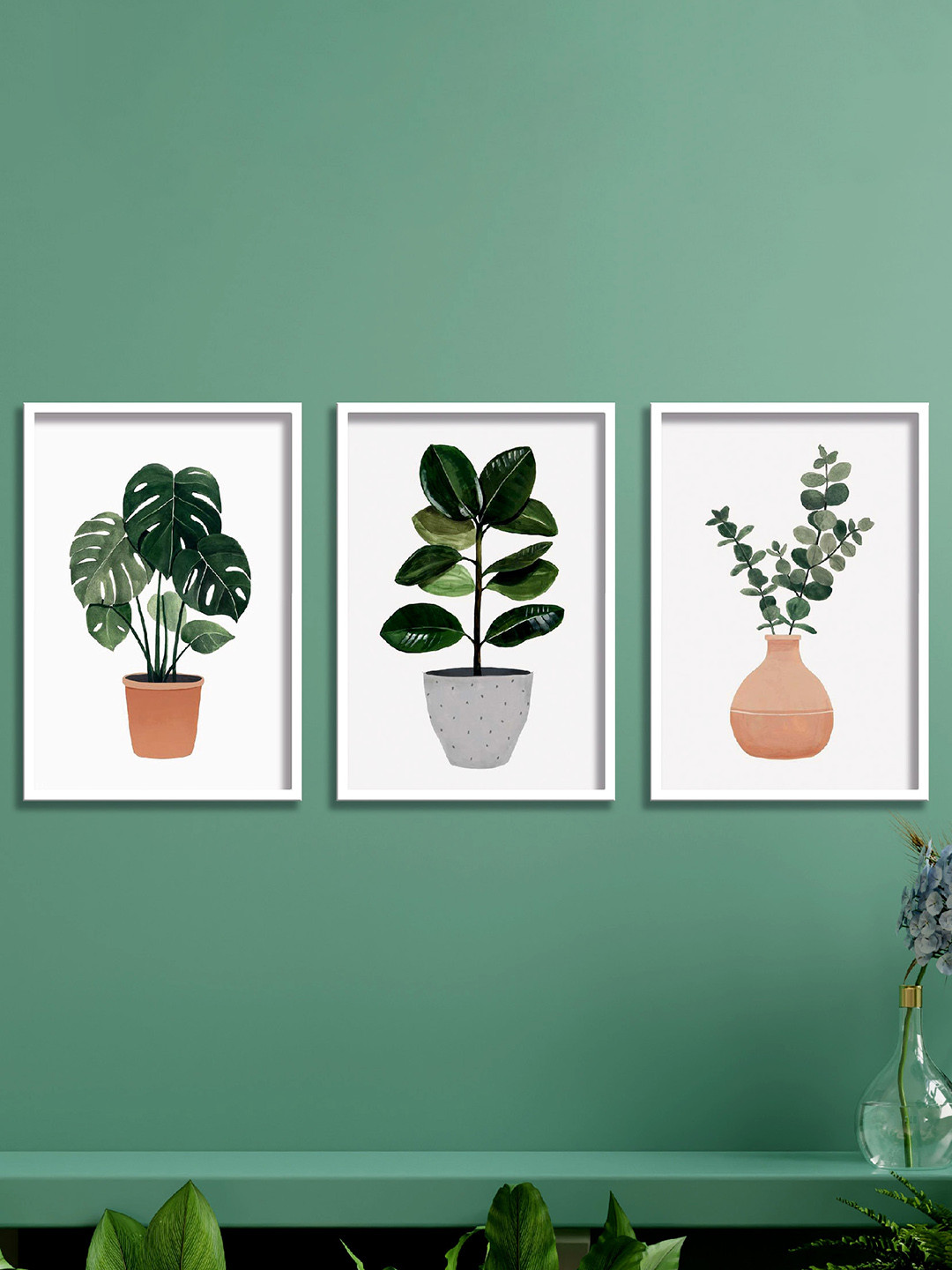 

SAF Green & White 3 Pcs Tropical Leaves Printed High Definition Waterproof Wall Art