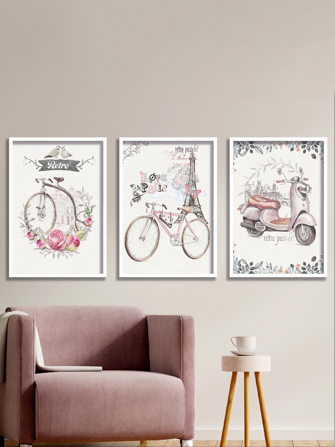 

SAF Pink & Grey 3-Pieces Bicycle Printed High Definition Waterproof Framed Wall Art