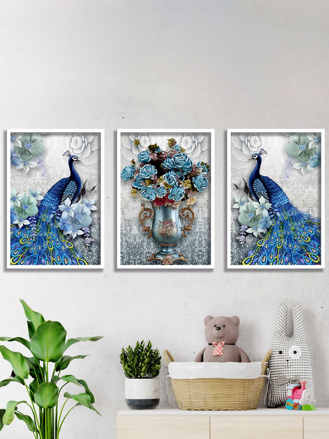 

SAF Blue & Grey 3-Pieces Peacock Printed High Definition Waterproof Framed Wall Art