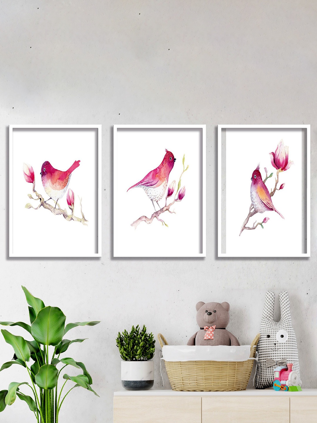 

SAF Peach Colored & White 3-Pieces Bird Printed High Definition Waterproof Framed Wall Art