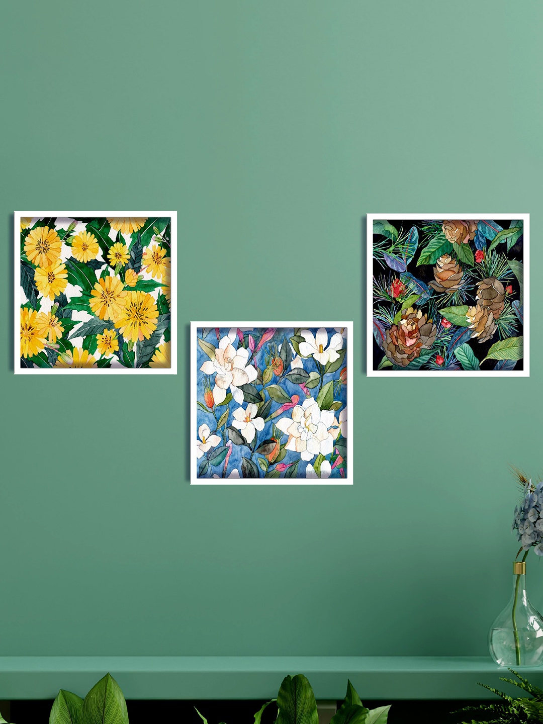 

SAF Yellow & Green 3-Pieces Flower Printed High Definition Waterproof Framed Wall Art