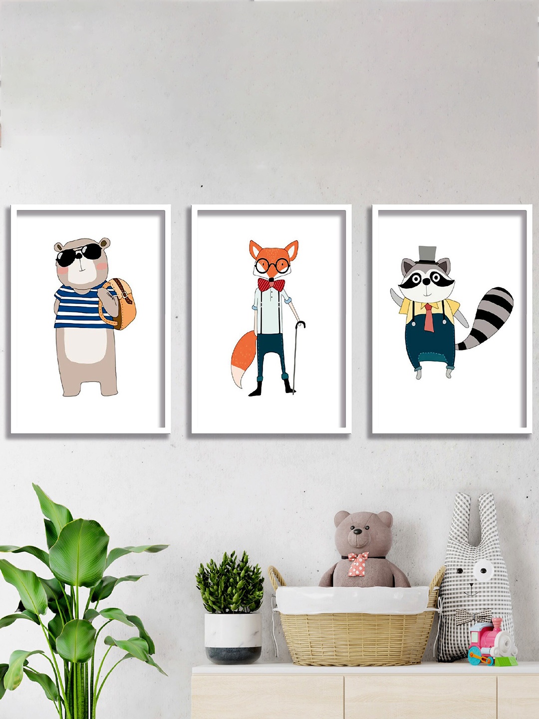 

SAF Orange & White 3-Pieces Animal Themed Printed Framed Wall Art, Multi