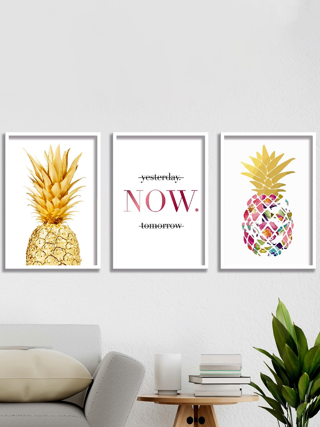 

SAF Yellow & White 3-Pieces Tropical Pineapple Printed High Definition Framed Wall Art