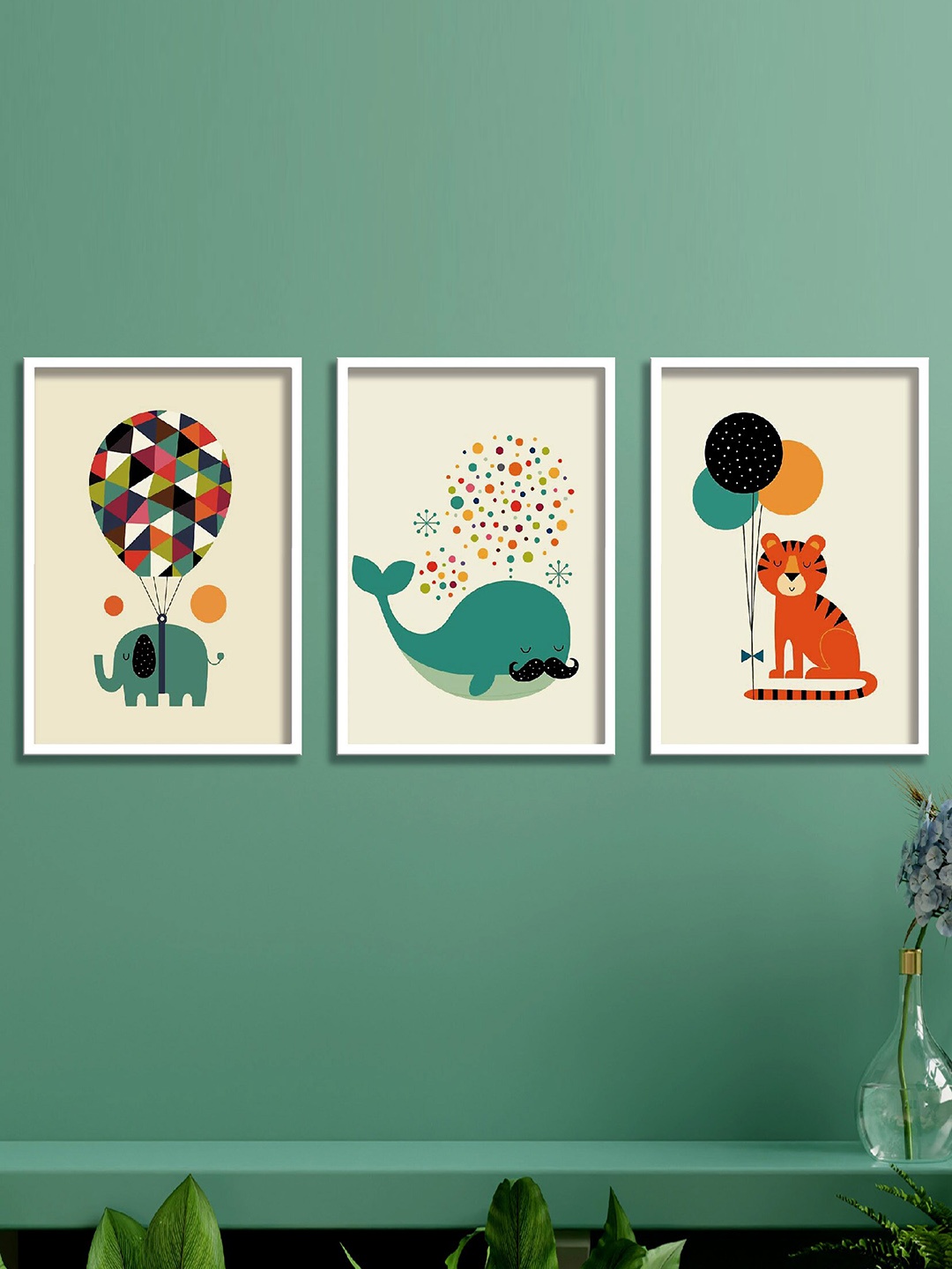 

SAF Green & Coral 3-Pieces Colored Animals Printed High Definition Framed Wall Art, Teal
