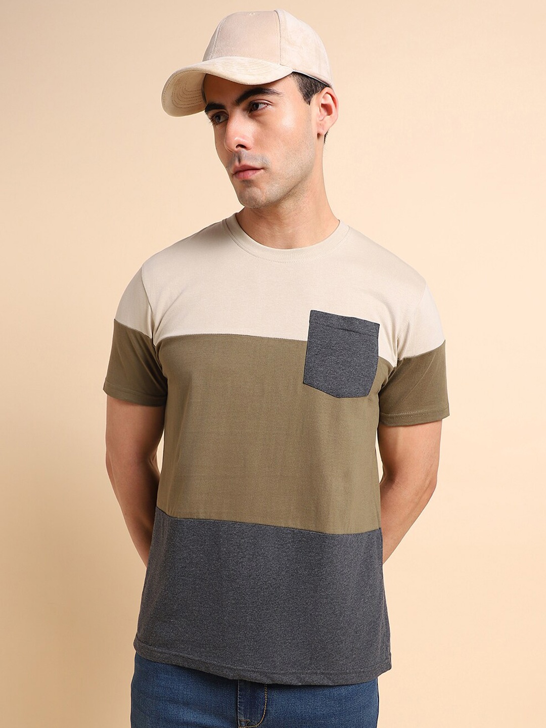 

Dennis Lingo Colourblocked Pure Cotton Slim Fit T-shirt, Olive