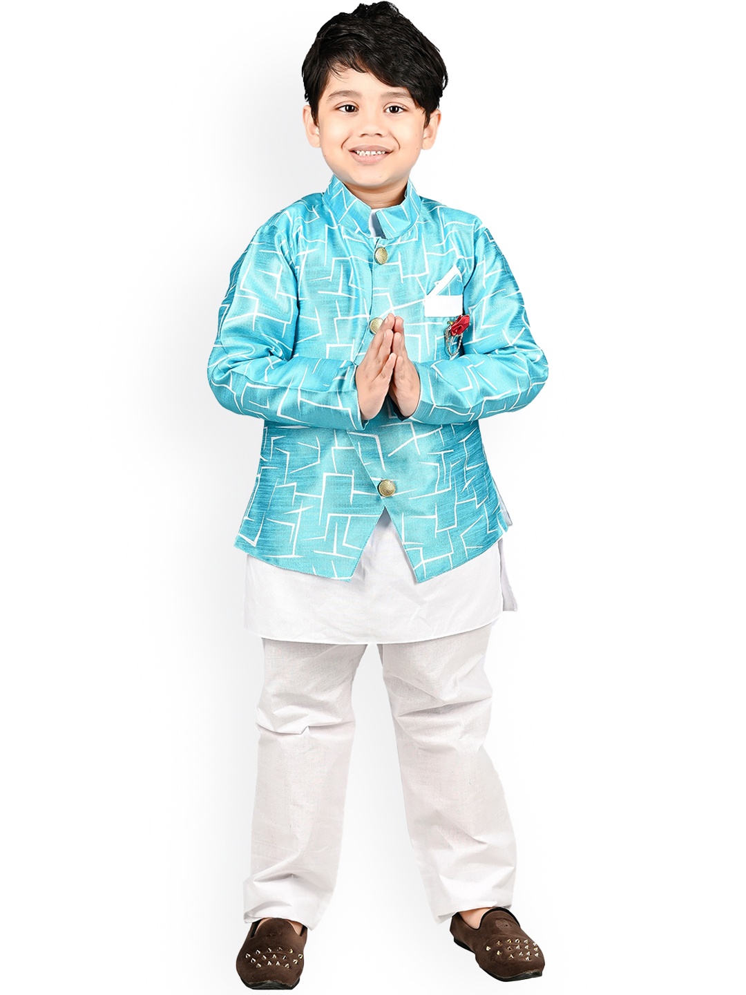 

BAESD Boys Band Collar Kurta with Pyjamas & Jacket, Turquoise blue