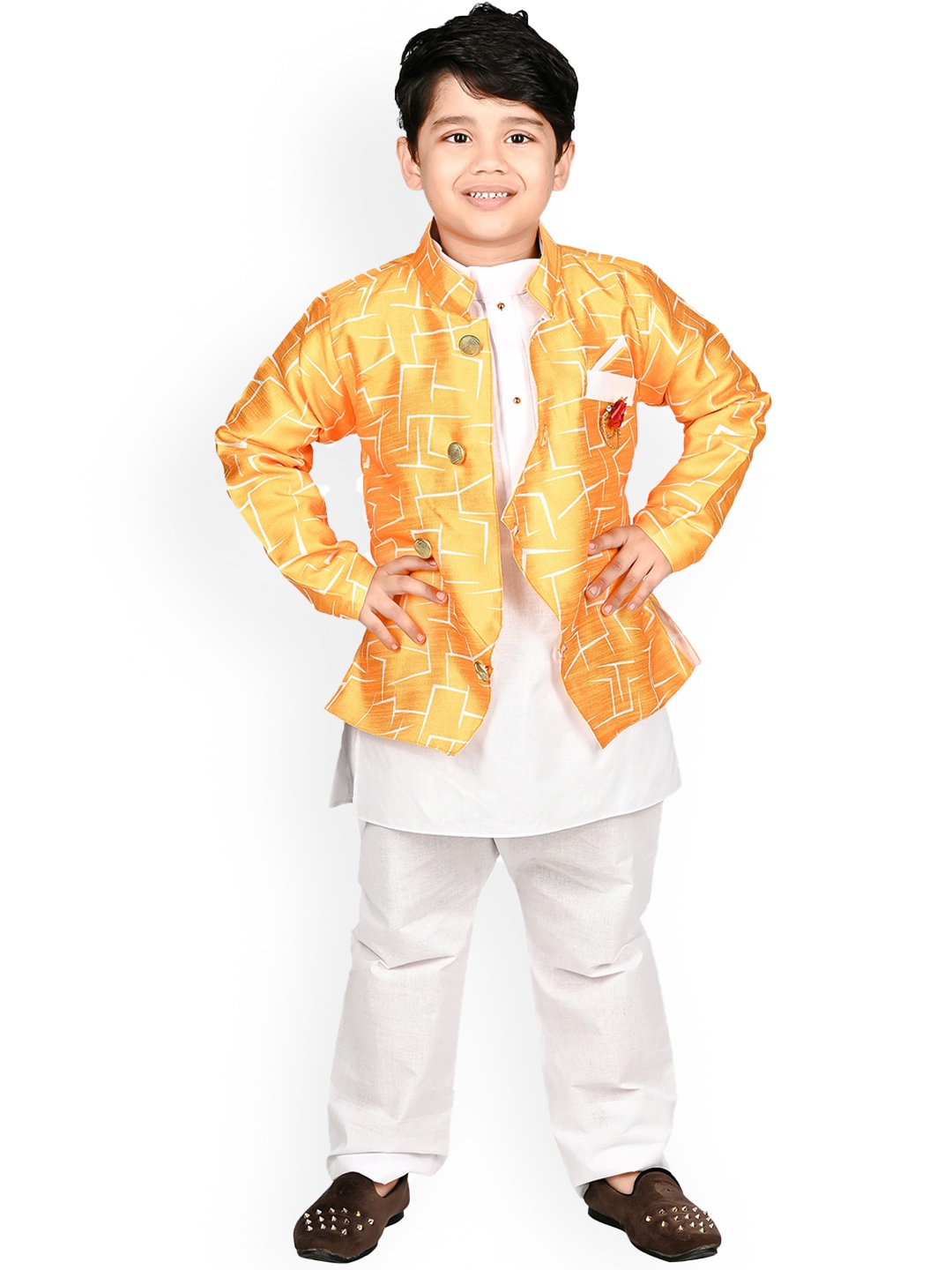 

BAESD Boys Yellow Kurta With Pyjamas And Printed Waistcoat