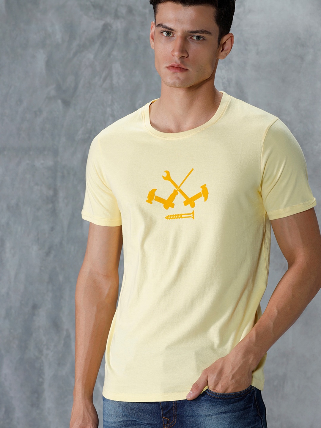 

WROGN Graphic Printed Cotton Slim Fit T-shirt, Yellow