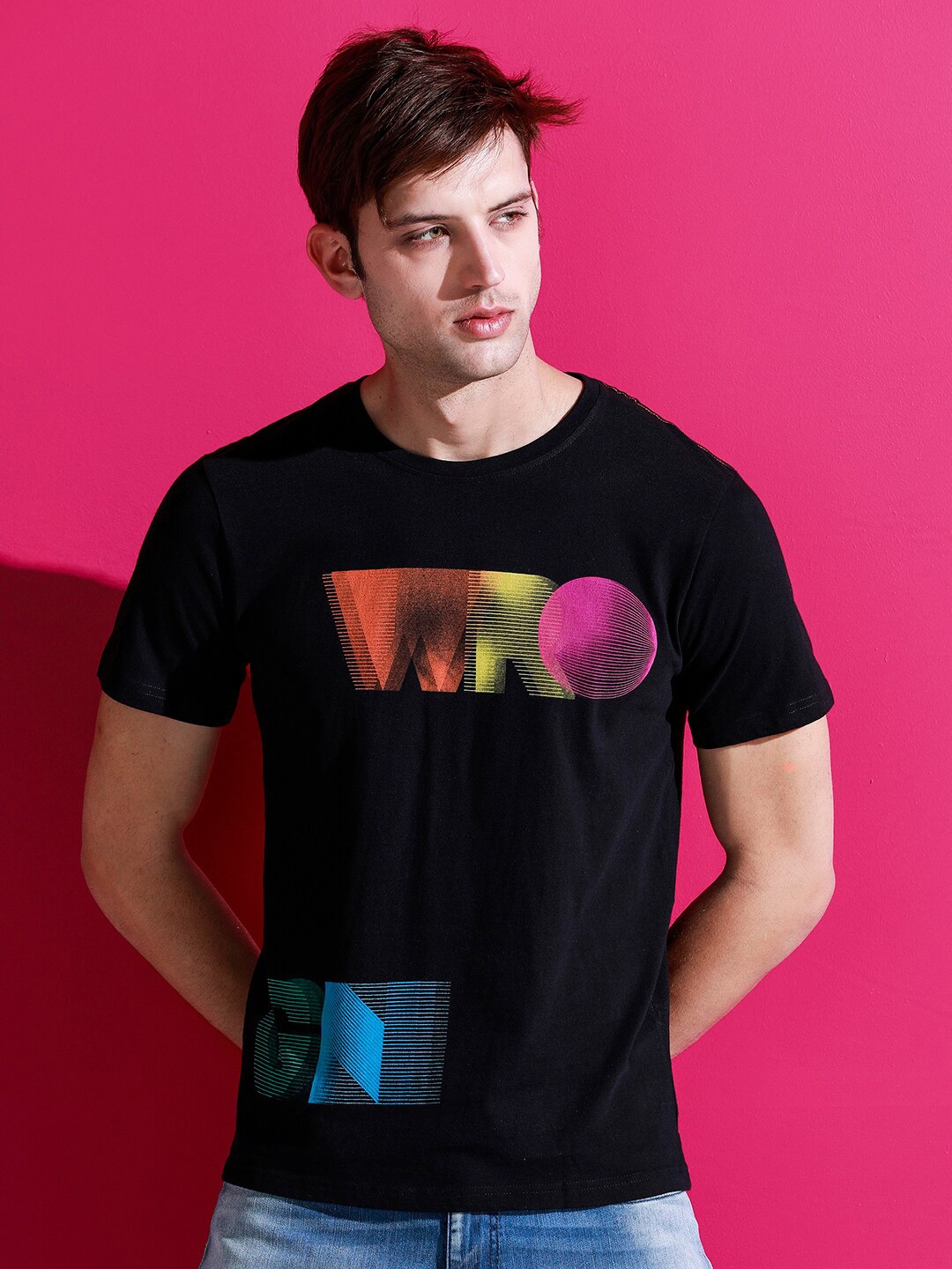 

WROGN Typography Printed Cotton Slim Fit T-shirt, Black