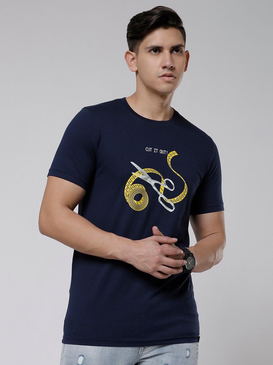 

WROGN Graphic Printed Cotton Slim Fit T-shirt, Navy blue