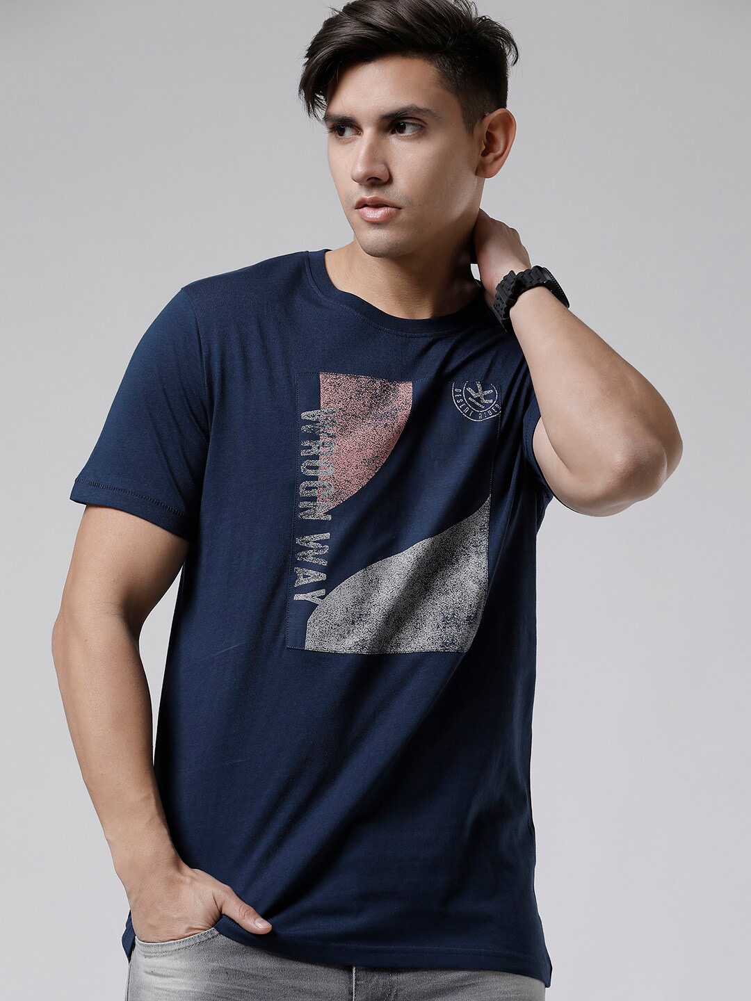 

WROGN Graphic Printed Cotton Slim Fit T-shirt, Navy blue