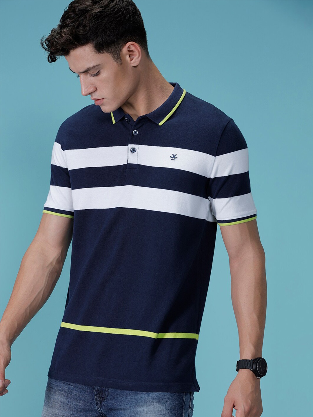 

WROGN Striped Polo Collar Cotton Slim Fit T-shirt, Navy blue