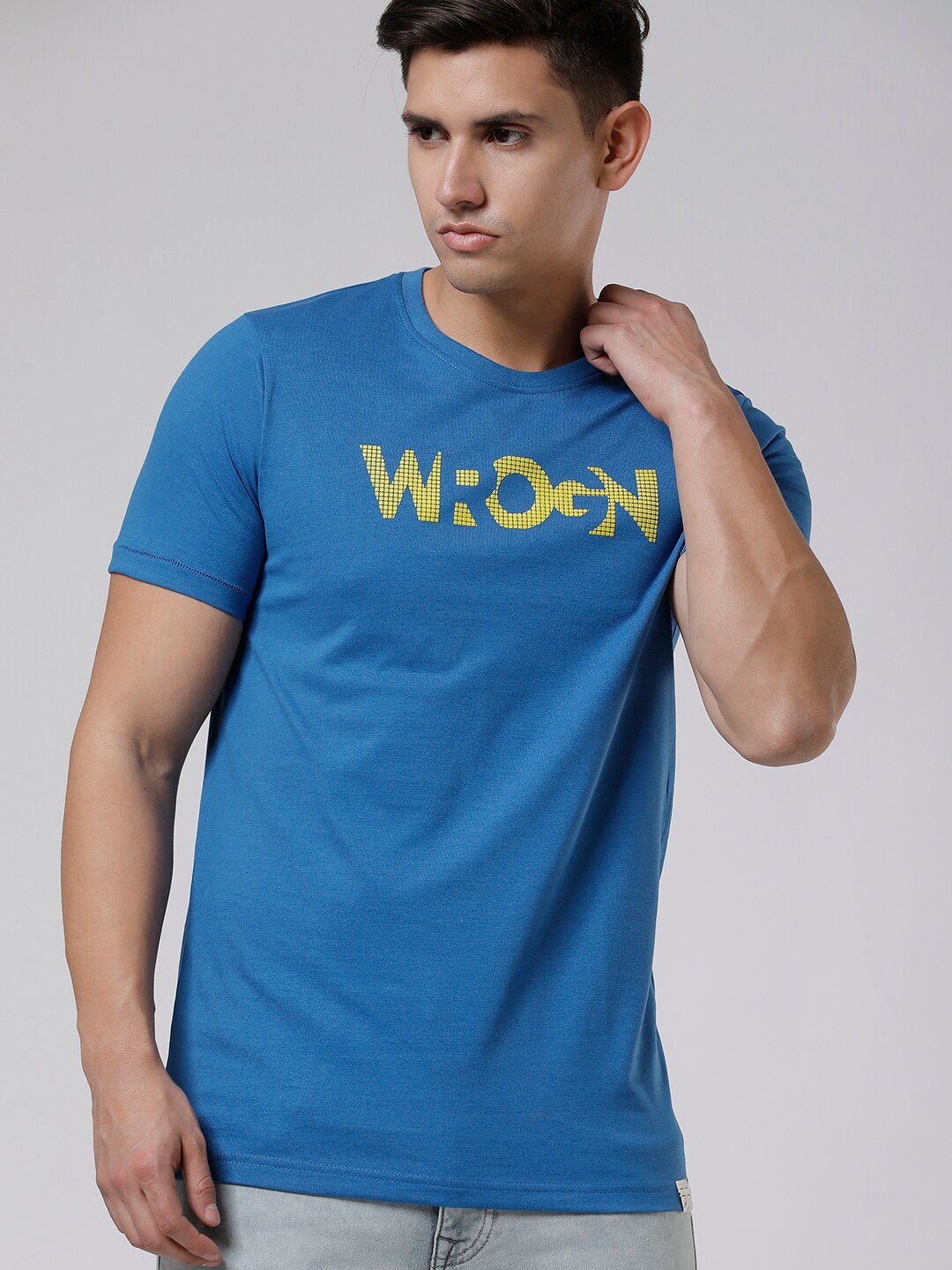 WROGN Typography Printed Cotton Slim Fit T-shirt, Blue