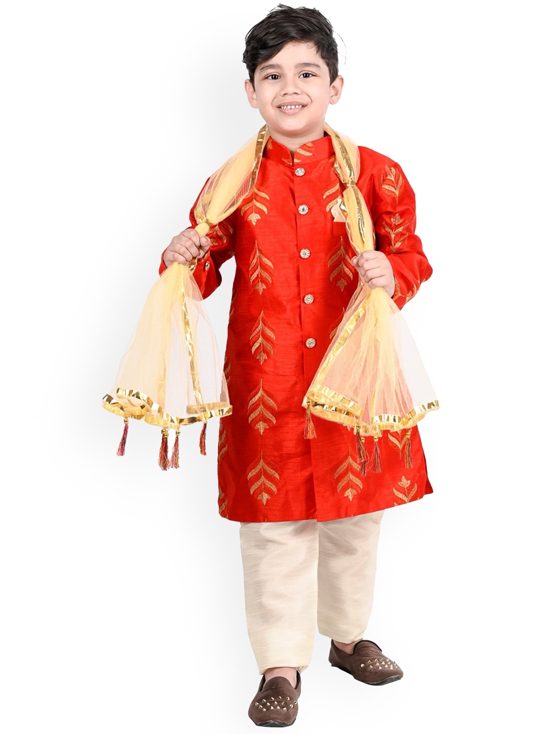 

BAESD Boys Embroidered Sherwani with Pyjamas & Dupatta, Red