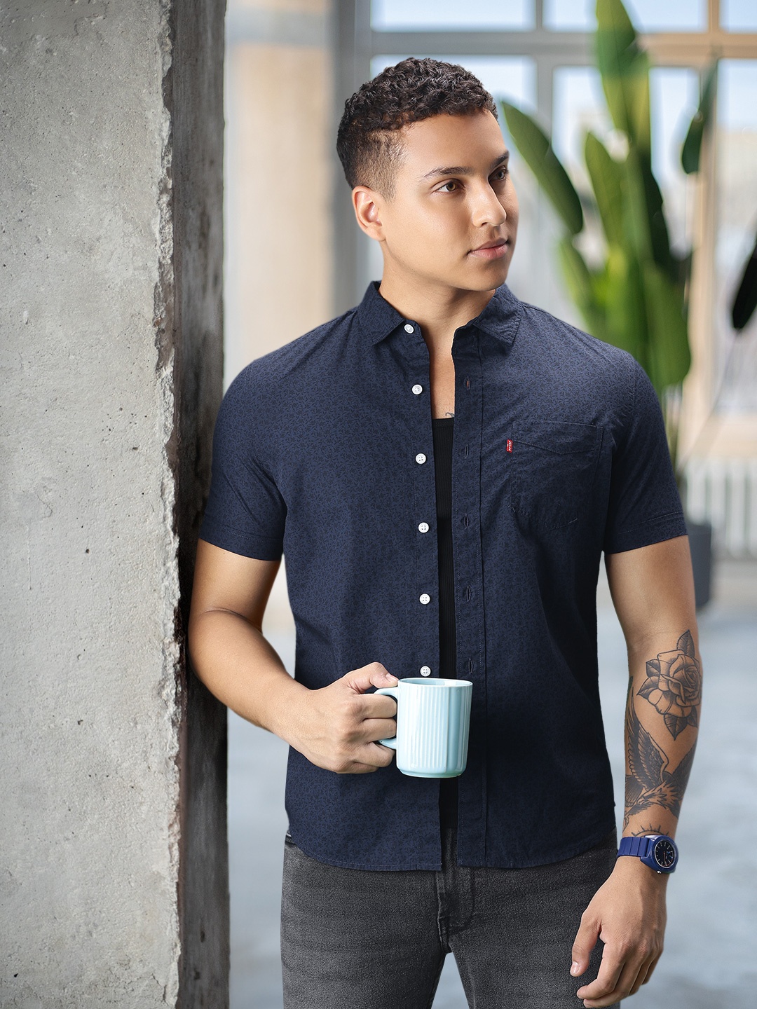

Levis Slim Fit Printed Pure Cotton Casual Shirt, Navy blue