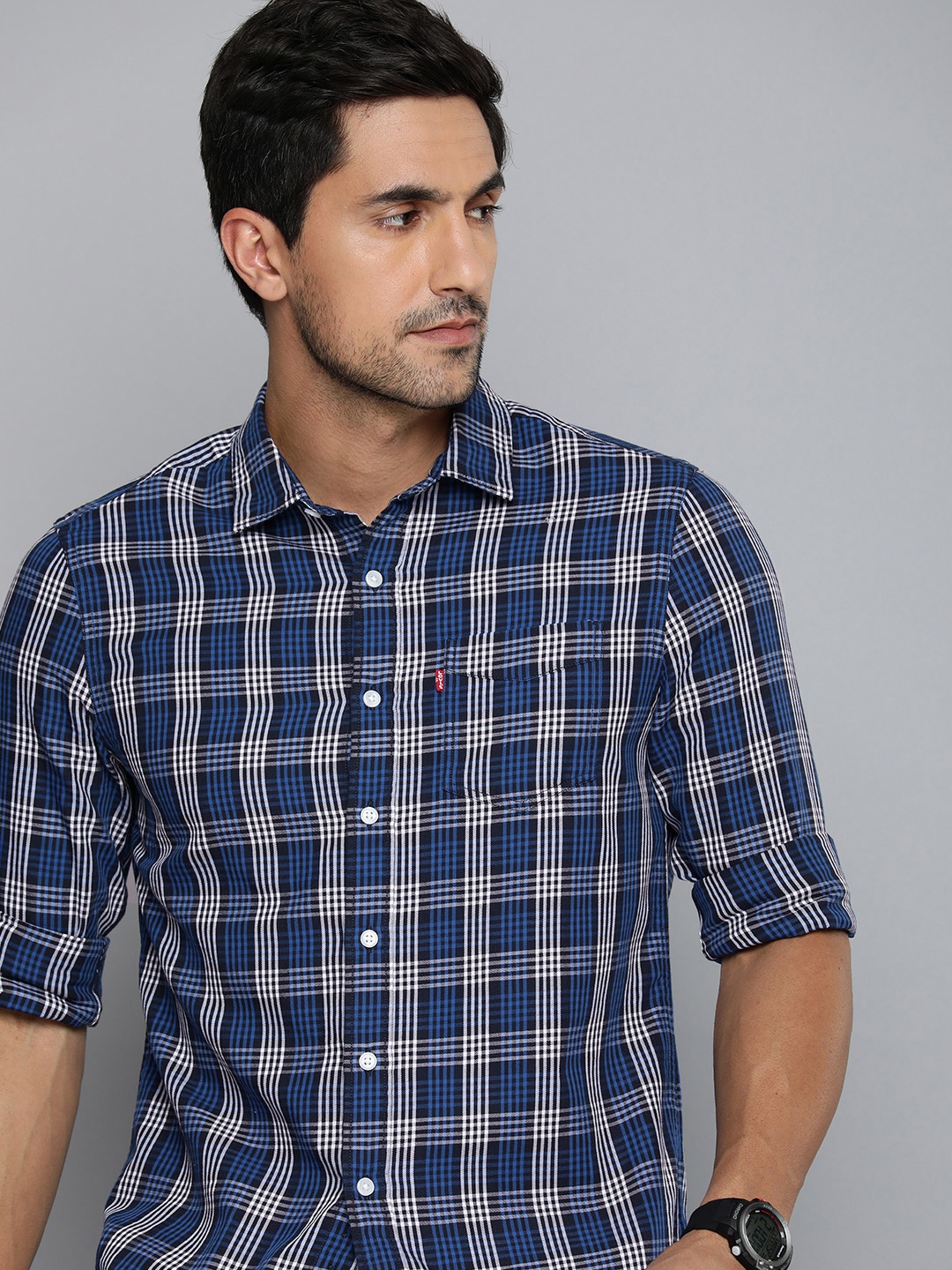 

Levis Pure Cotton Checked Slim Fit Casual Shirt, Blue