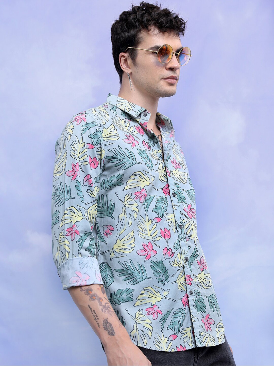 

Ketch Men Slim Fit Floral Printed Cotton Casual Shirt, Sea green