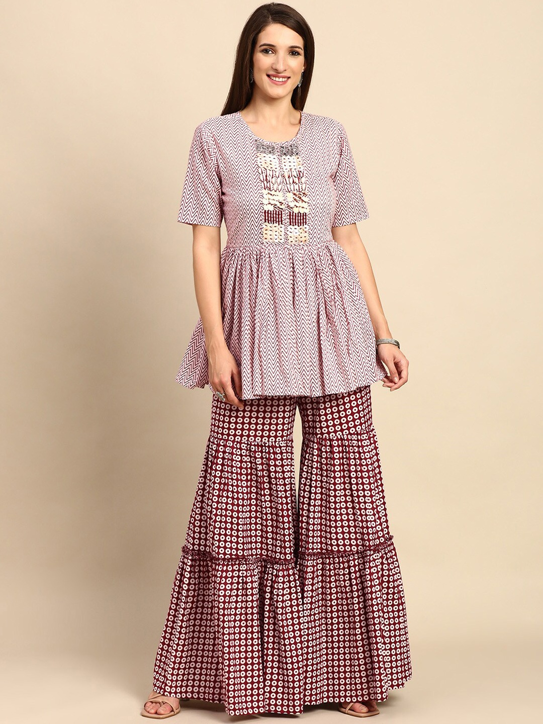

Saanjh White Ethnic Motifs Printed Regular Pure Cotton Kurta With Sharara