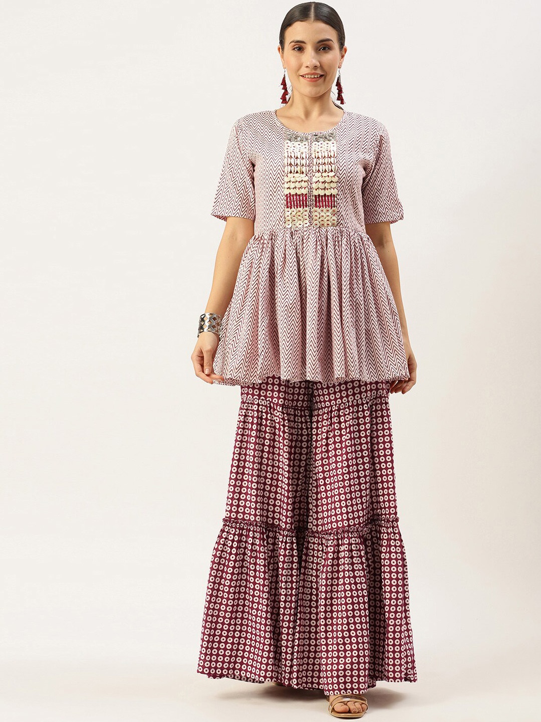 

KALINI Chevron Printed Regular Pure Cotton Kurti with Sharara, Maroon