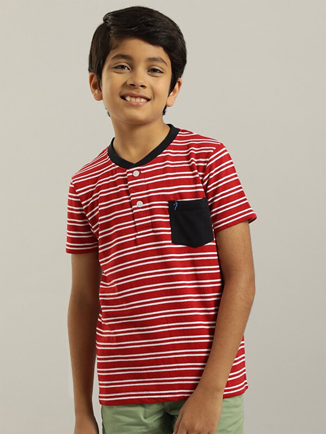 

Indian Terrain Boys Striped Henley Neck Monochrome T-shirt, Red