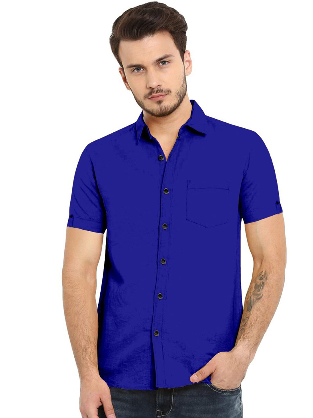 

ETHNIC TRENDZ Spread Collar Standard Twill Pure Cotton Casual Shirt, Blue