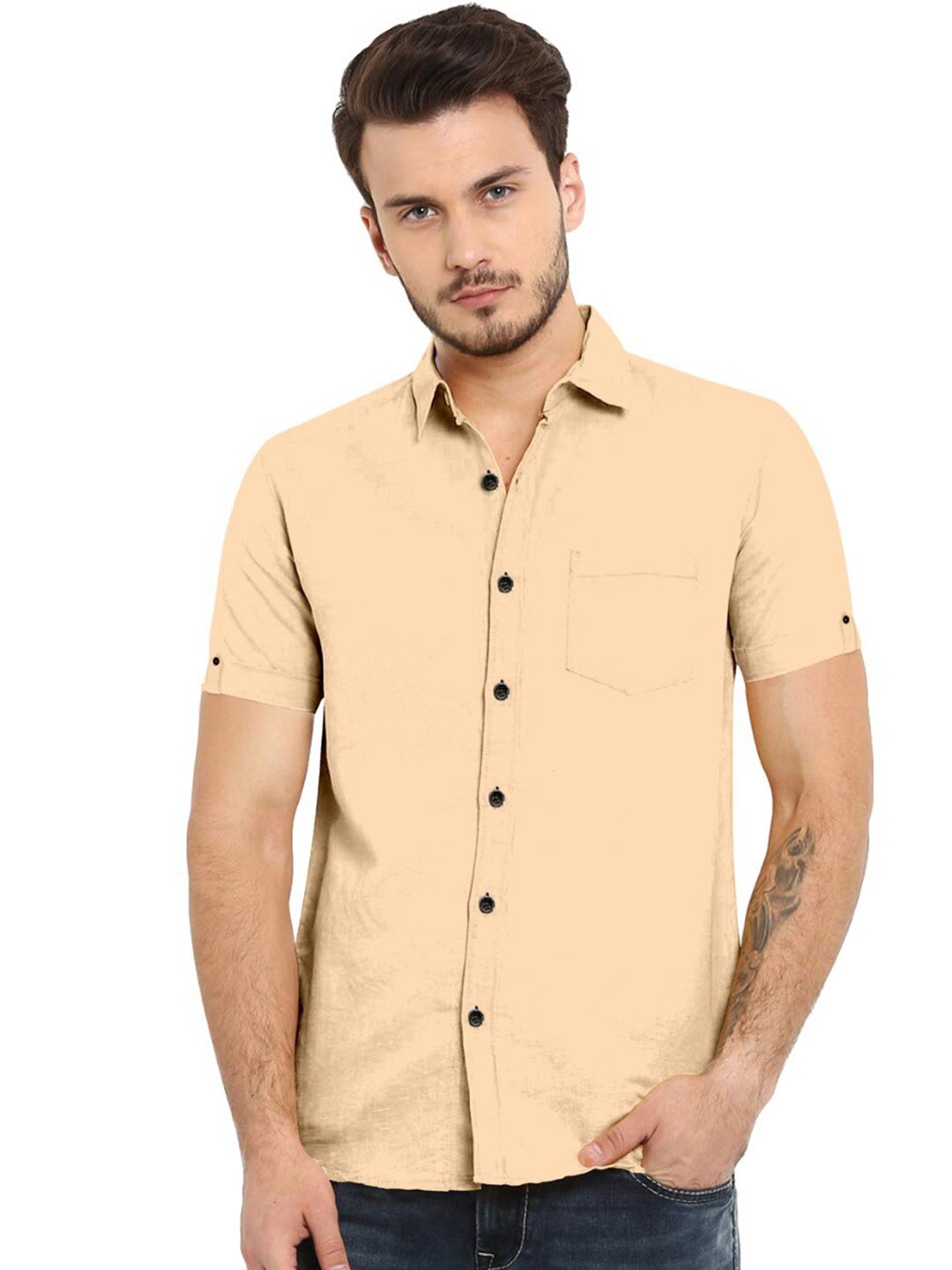 

ETHNIC TRENDZ Standard Fit Twill Pure Cotton Casual Shirt, Beige