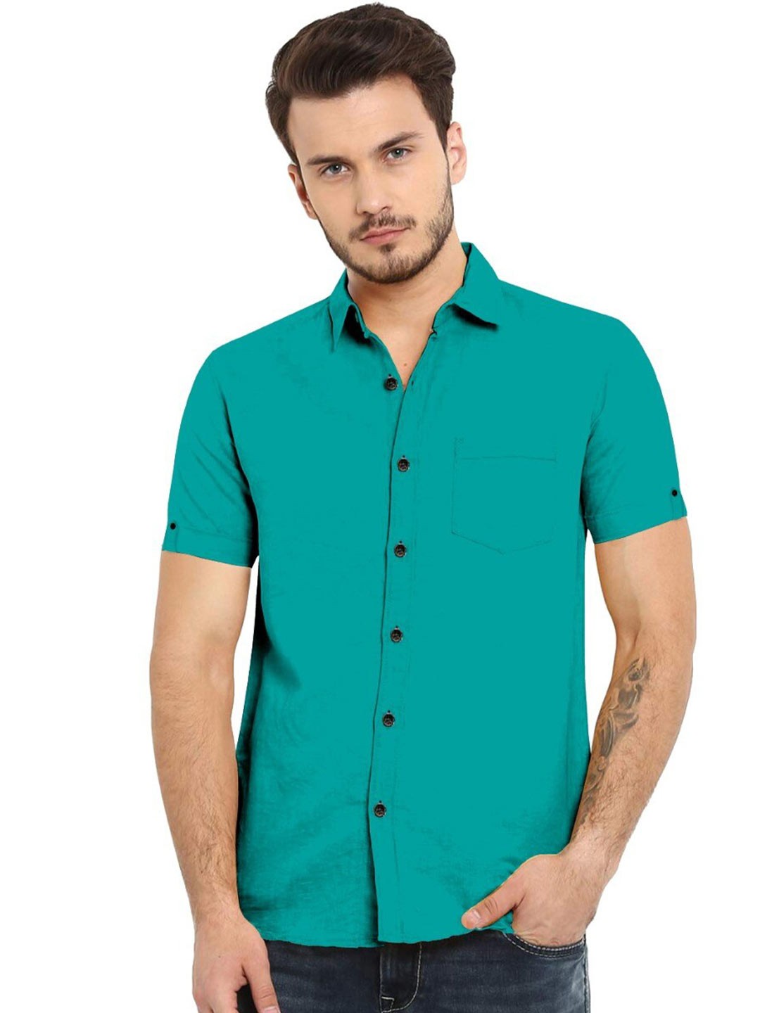 

ETHNIC TRENDZ Spread Collar Standard Twill Pure Cotton Casual Shirt, Green