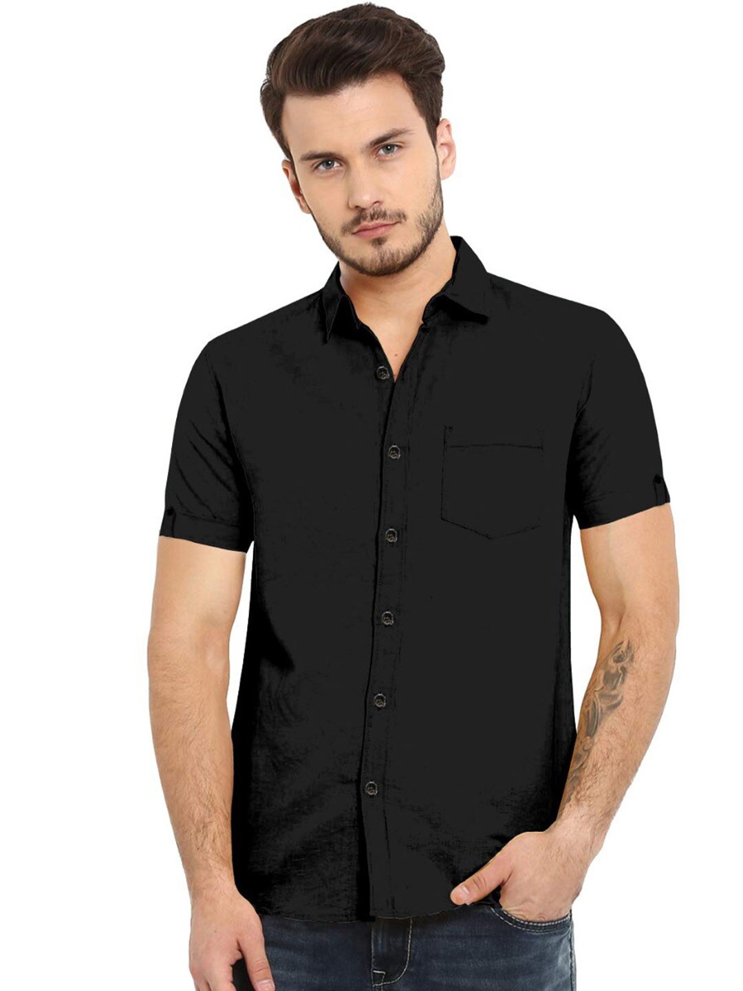 

ETHNIC TRENDZ Standard Fit Twill Pure Cotton Casual Shirt, Black