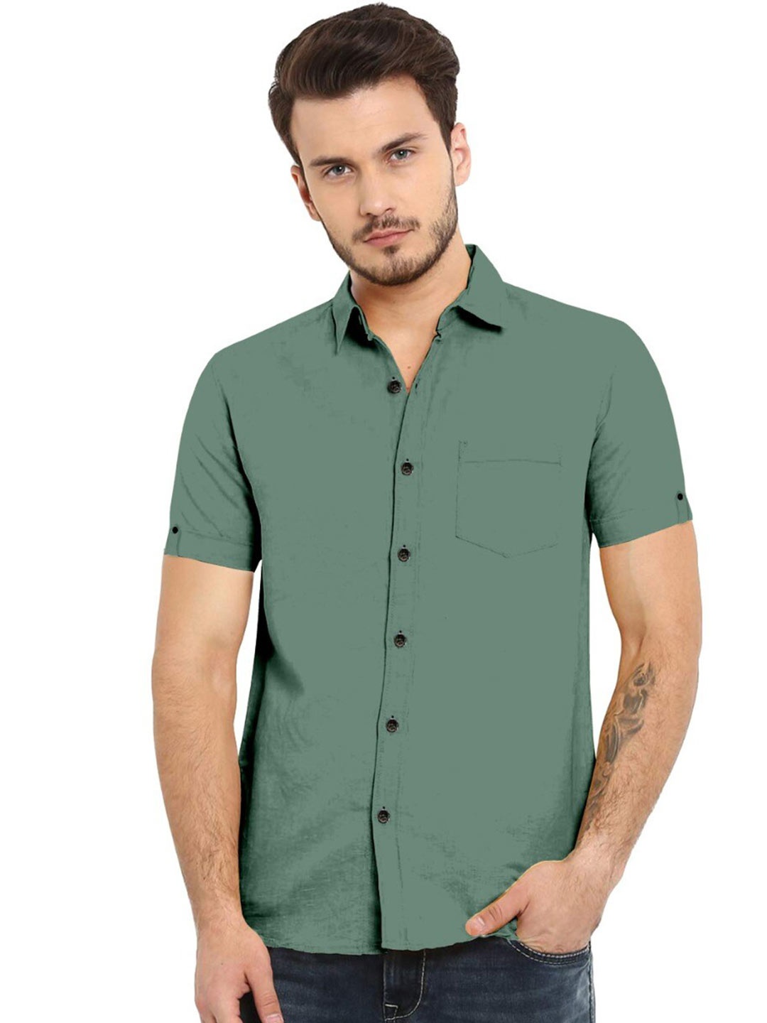 

ETHNIC TRENDZ Spread Collar Standard Twill Pure Cotton Casual Shirt, Olive