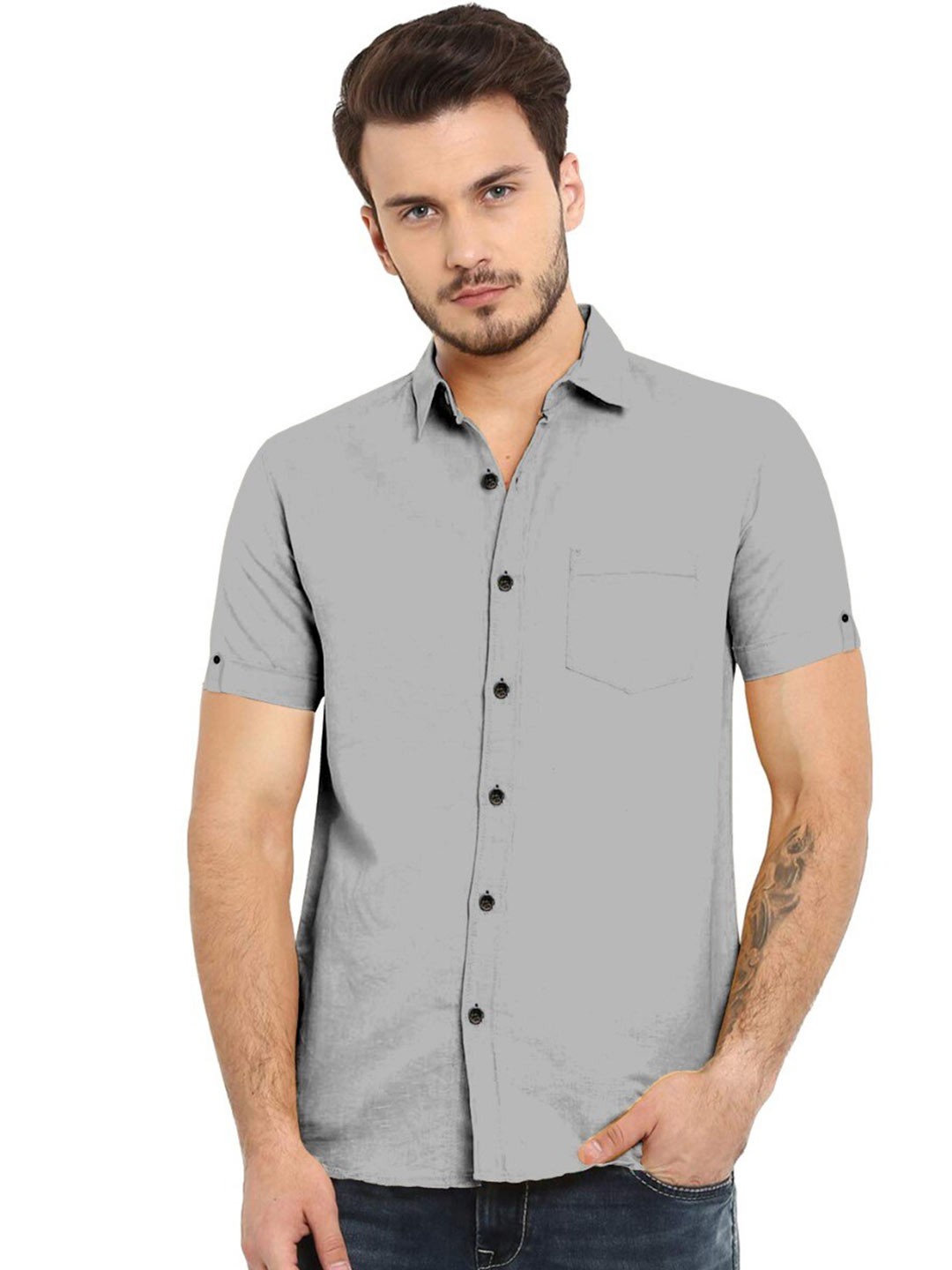 

ETHNIC TRENDZ Spread Collar Standard Twill Pure Cotton Casual Shirt, Grey