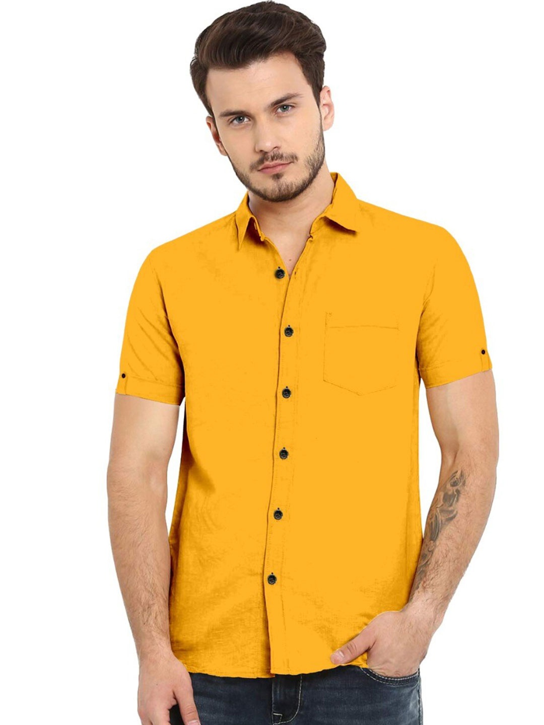 

ETHNIC TRENDZ Spread Collar Standard Twill Pure Cotton Casual Shirt, Yellow