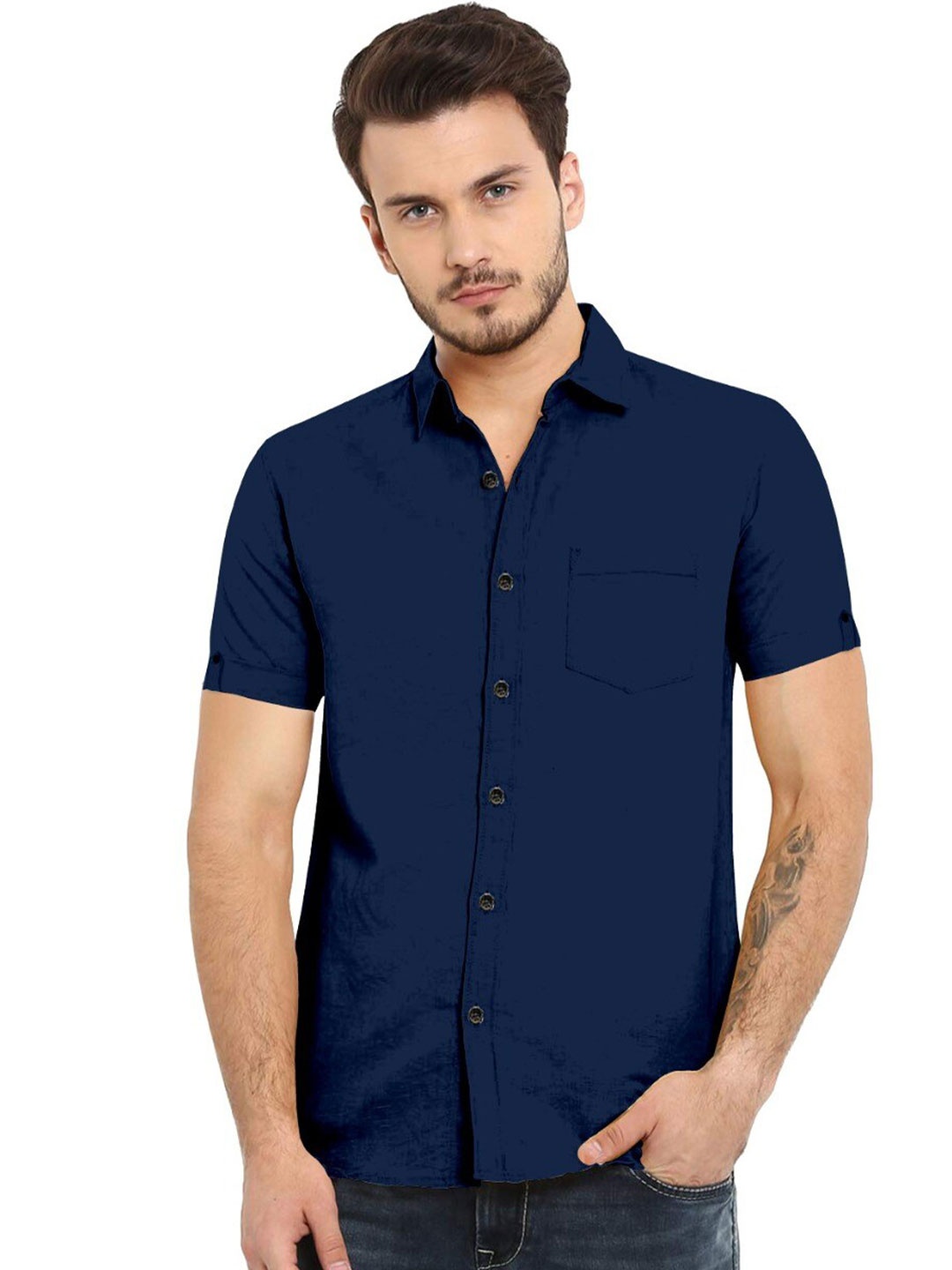 

ETHNIC TRENDZ Spread Collar Standard Twill Pure Cotton Casual Shirt, Navy blue