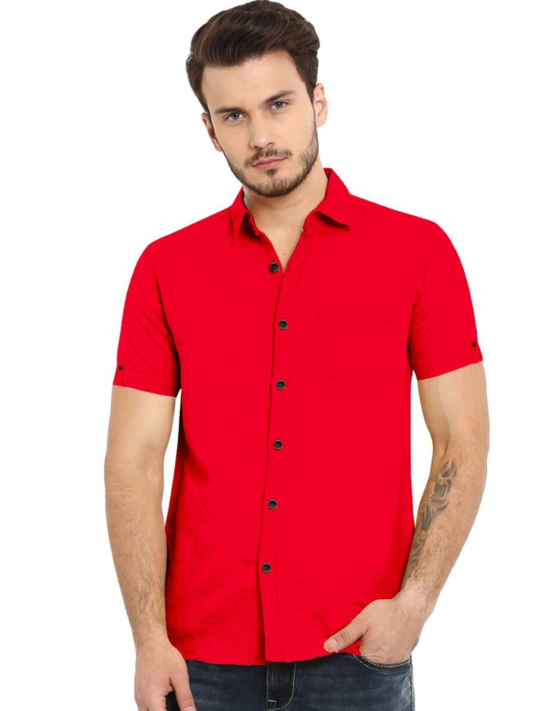 

ETHNIC TRENDZ Spread Collar Standard Twill Pure Cotton Casual Shirt, Red