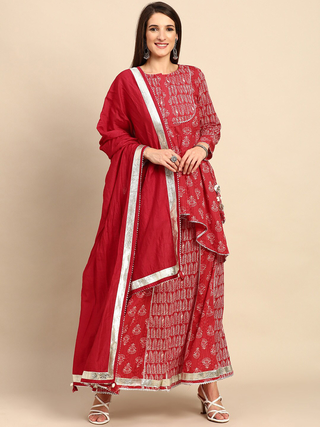 

Saanjh Red Floral Printed Pure Cotton Kurta with Sharara & With Dupatta