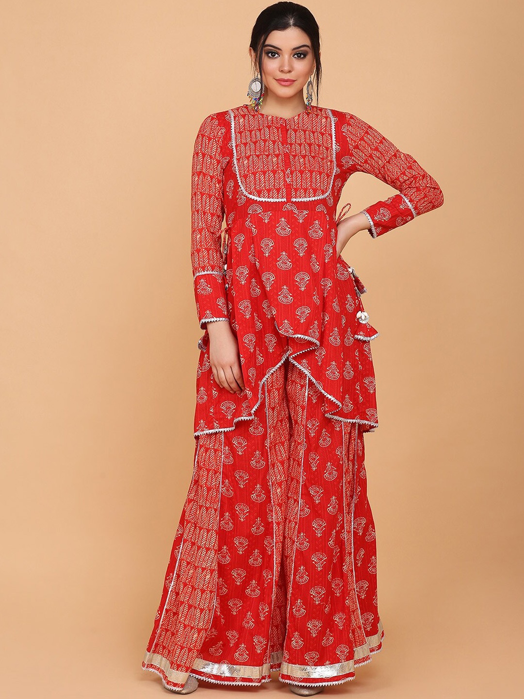 

Saanjh Red Floral Printed Empire Gotta Patti Pure Cotton Kurta With Palazzos & Dupatta